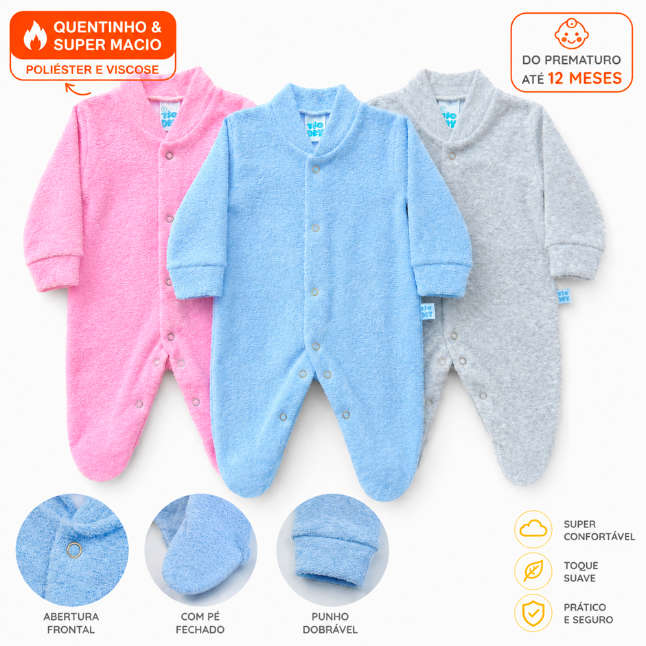 Macacão Plush Peluciado Bebê Roupa De Frio Inverno Pijama Dia-Dia Prematuro-5 Meses Pezinho Fechado