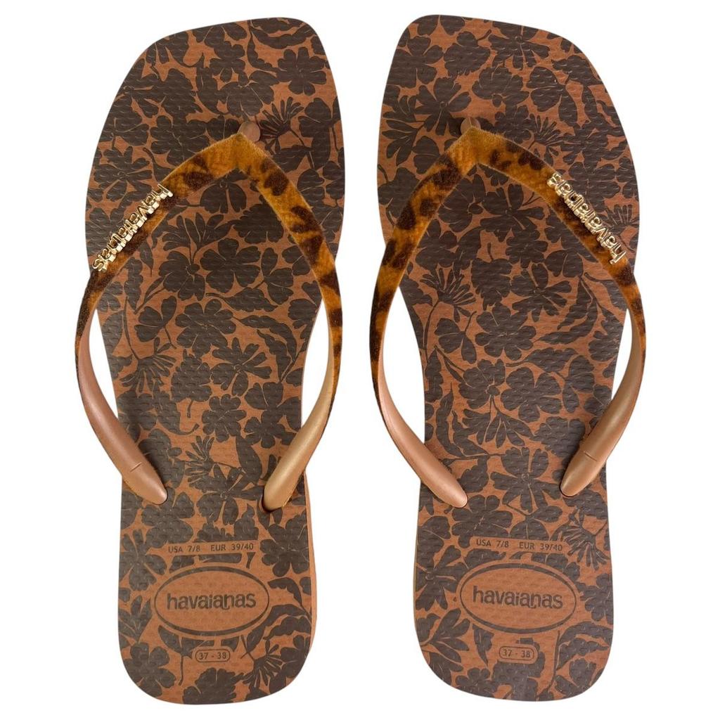 Chinelo Havaianas Feminino Slim Square Velvet Onça Veludo Bico Quadrado