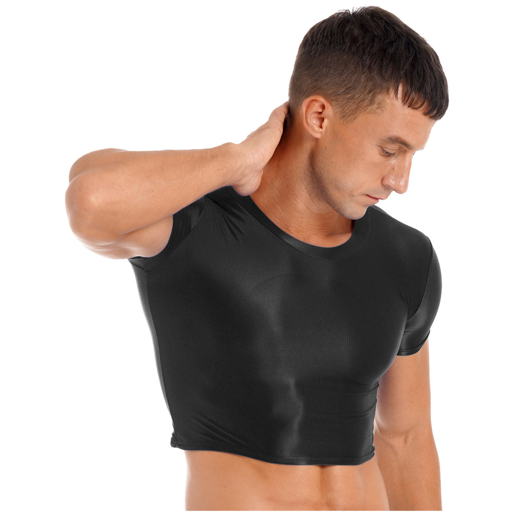 inhzoy Mens Smooth Short Sleeve Crop Top Solid Color Round Neck Slim Fit T-shirt Sportswear Swimwear