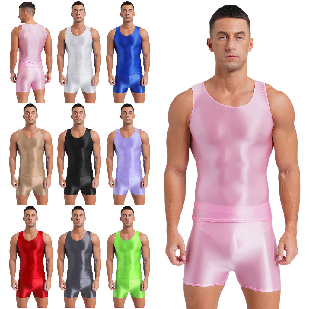 inhzoy Mens Glossy Smooth Two-piece Outfit Yoga Sportswear Swimwear Sleepwear Crew Neck Tank Top with Shorts Suit