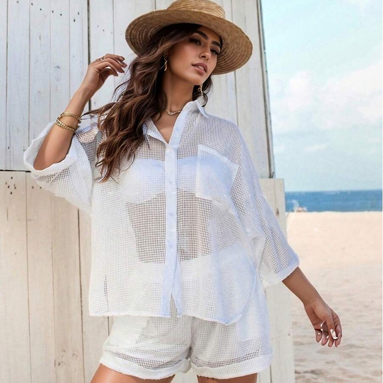 2026 verão estilo boêmio beachwear branco xadrez oco Design-Shorts de praia-tamanho grande praia moda FPS 50
