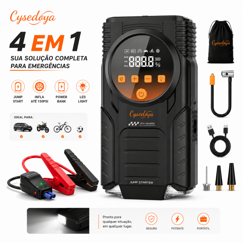 Cysedoya Auxiliar de Partida 8000mAh com Compressor de Ar 150 PSI, Inflador Digital 12V para Carro, Moto e Bicicleta