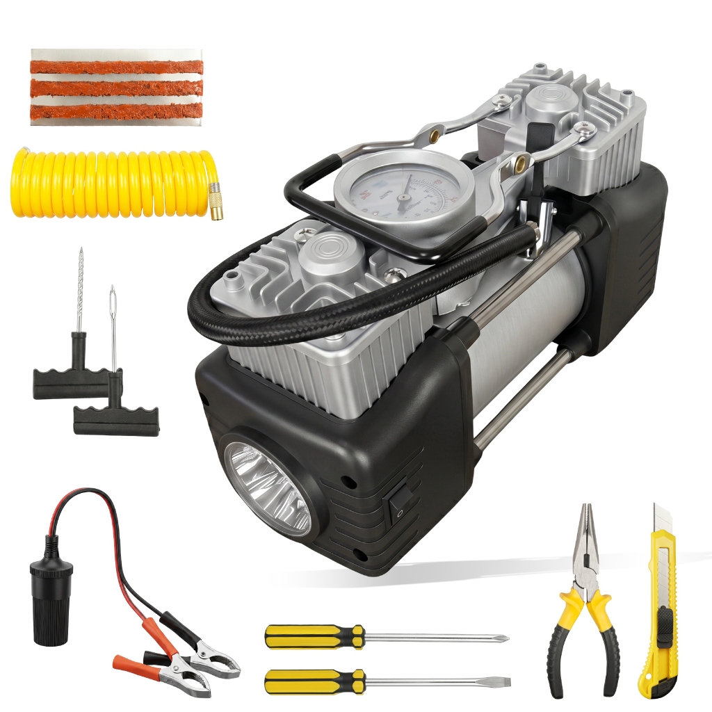 Compressor de Ar Duplo Cilindro 12V 330W 150PSI Kit Reparo Pneu-Inflador Automotivo com Lanterna LED + Maleta Plástica