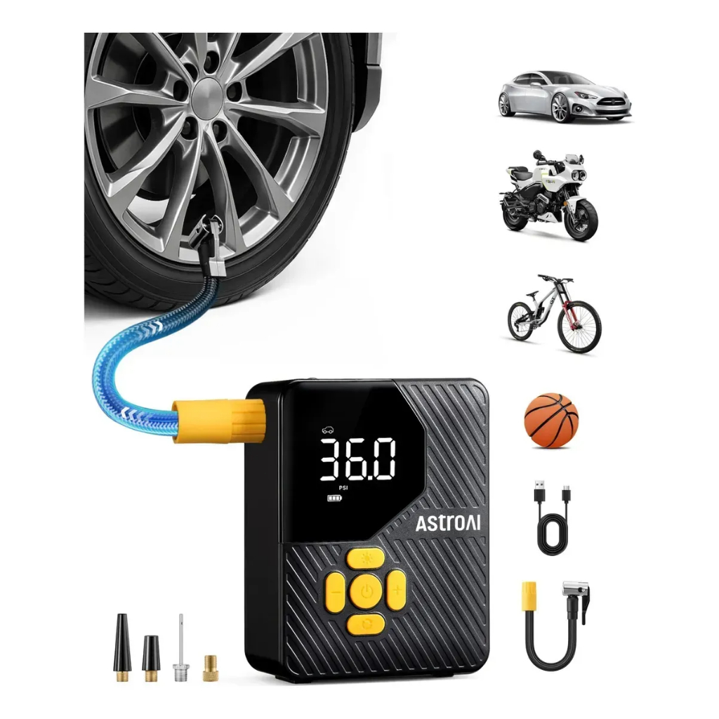 AstroAI Inflador de Pneus L7 Mini 150 PSI Sem Fio Portátil com LED, Auto Stop para Carros, Motos e Bicicletas