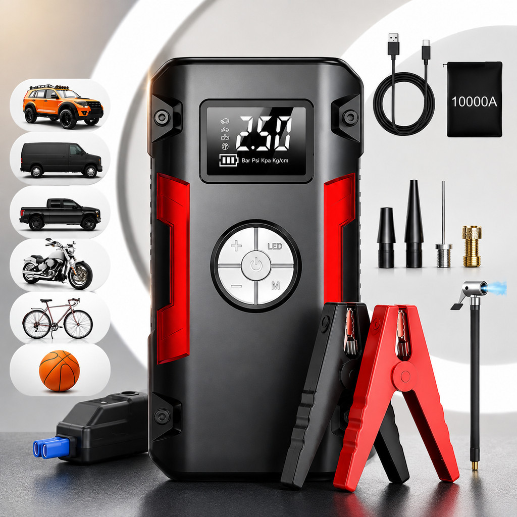 Auxiliar de Partida 12V 30000mAh com Compressor 150 PSI Inflador de Pneus Power Bank para Carro e Moto