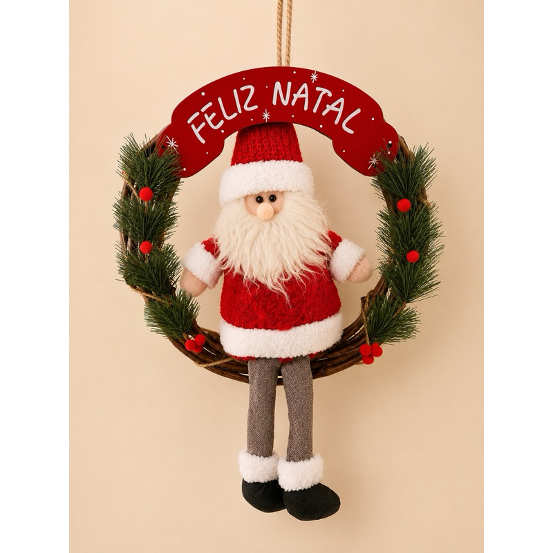 Guirlanda Natalina 35cm com Papai Noel Feliz Natal – Enfeite de Porta Decoração de Natal