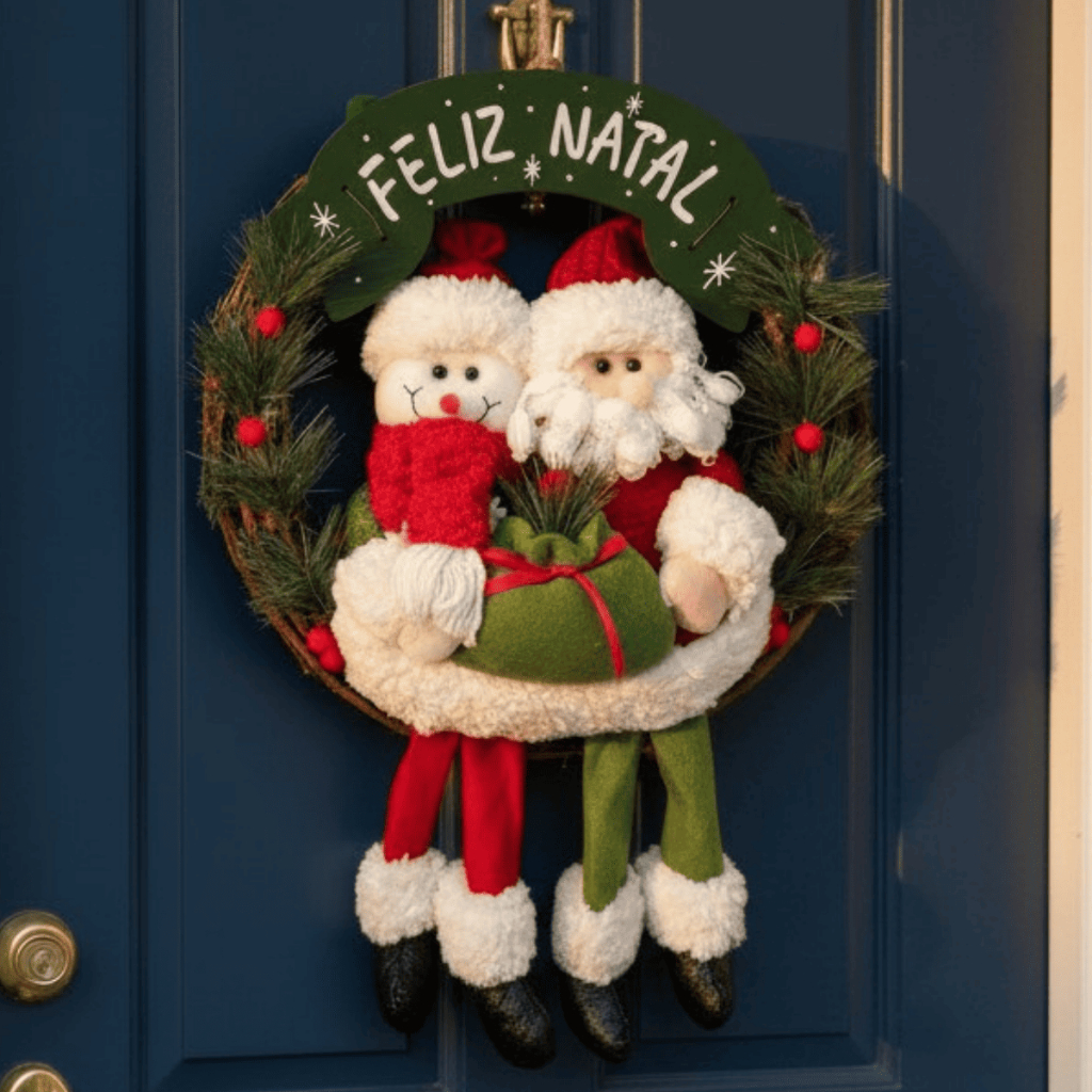 Guirlanda Enfeite Decoração Para Porta Arvore De Natal Papai Noel e Boneco de Neve Verde Pendurável 35CM