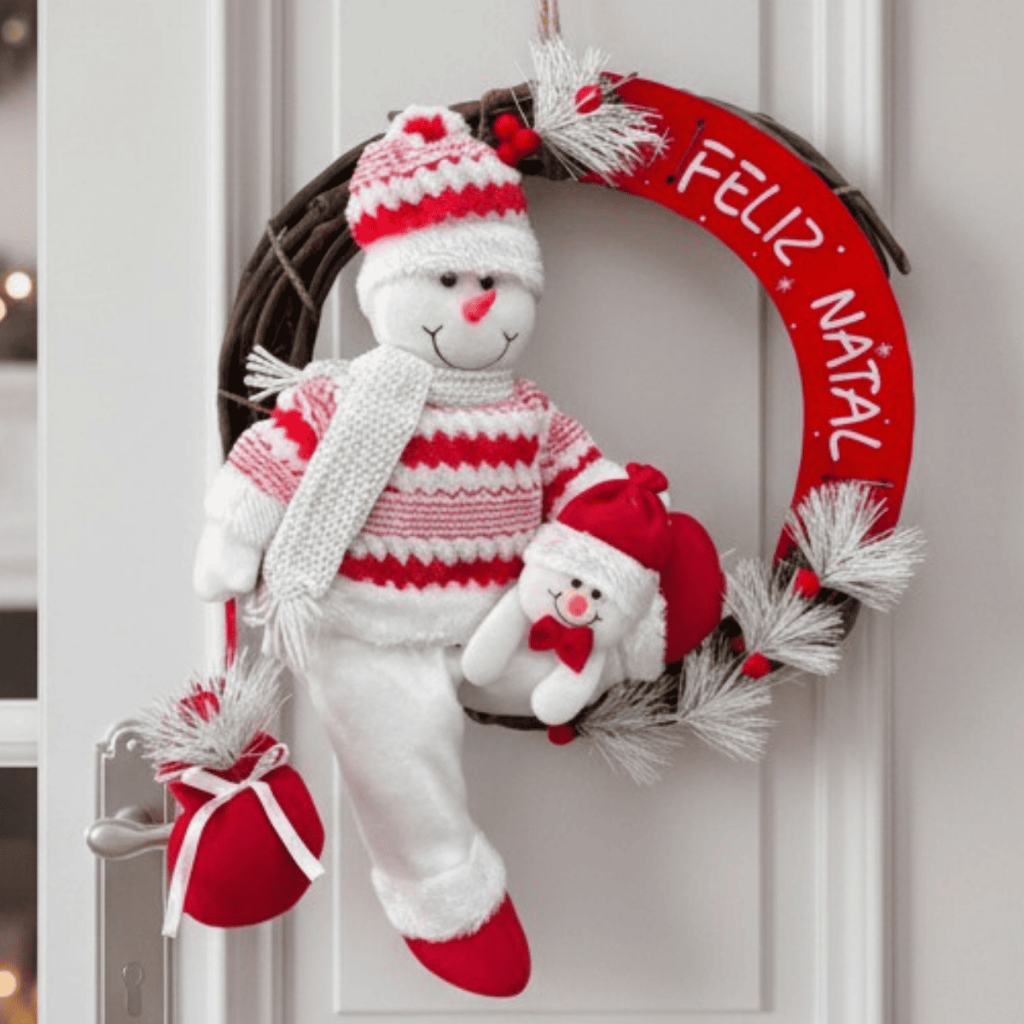 Guirlanda Enfeite Decoração Para Porta Arvore De Natal Boneco de Neve Branco Pendurável 35CM