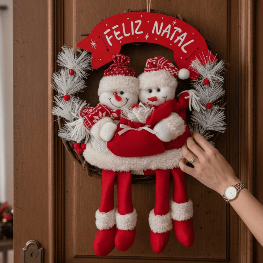 Guirlanda Enfeite Decoração Para Porta Arvore De Natal Bonecos de Neve Vermelho Pendurável 35CM