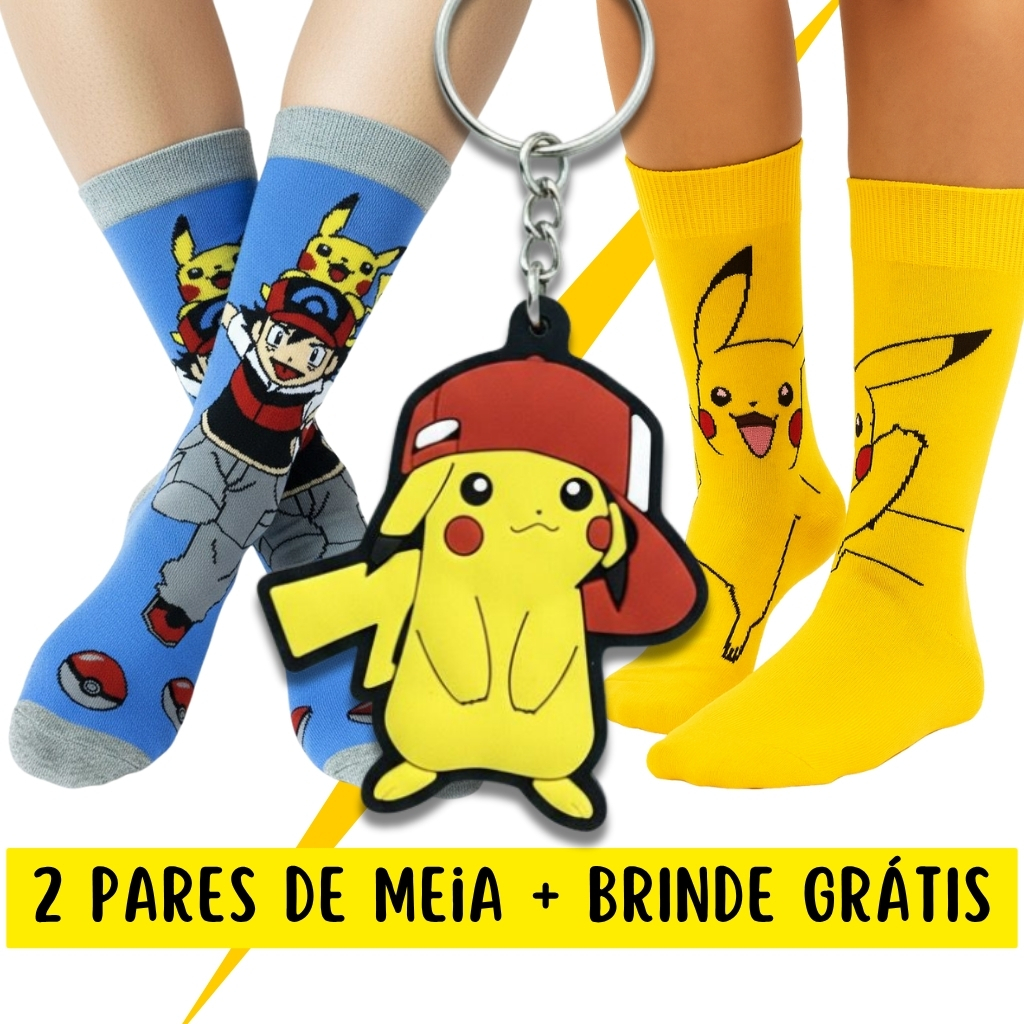 Kit 2 PARES CANO LONGO Meia Pokémon Pikachu Ash Ketchum + Chaveiro BRINDE ANIME PRESENTE GEEK