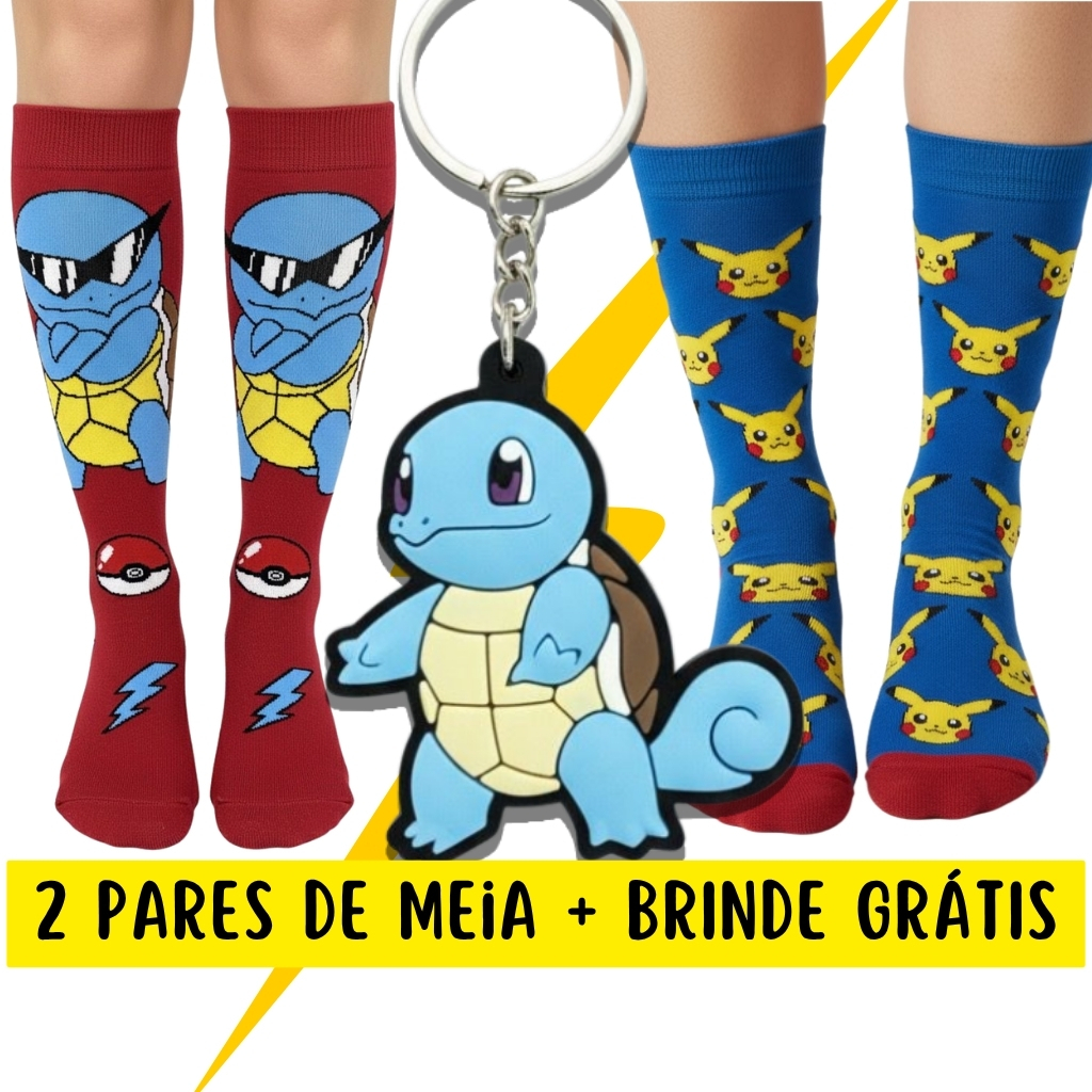 Kit 2 Pares Meias Pokémon Pikachu Squirtle + Chaveiro Cano Longo Presente Geek Anime