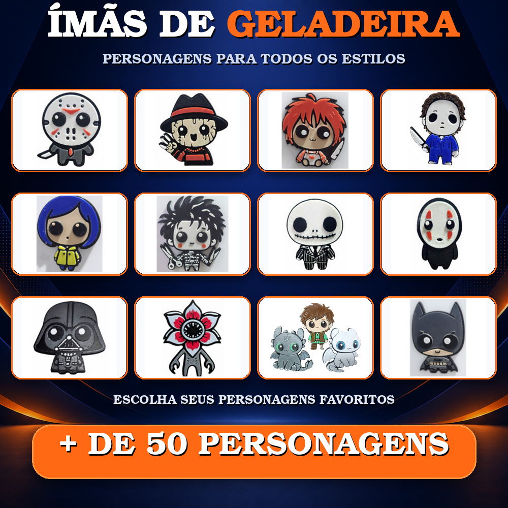 Kit de 3 a 10 Ímãs de Geladeira – Terror, Universo Geek, Pikachu, One Piece, Star Wars, Homem Aranha