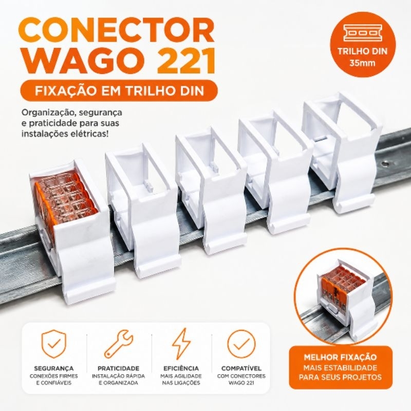 Suporte Trilho DIN para Conector Wago 221 10 Vias | Base Fixação Elétrica