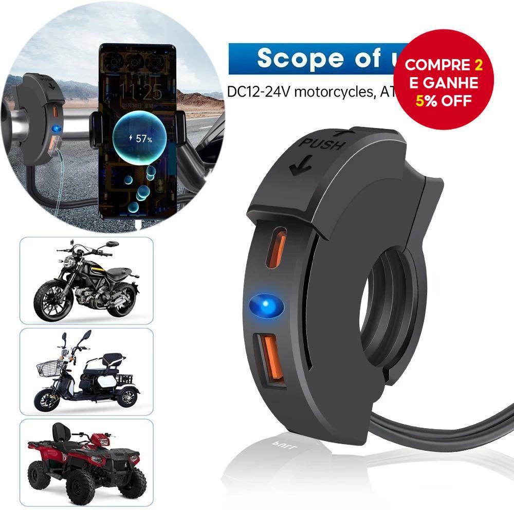 Carregador rápido USB para motocicleta QC3.0, porta Type C 30W, tomada à prova d'água, suporte de montagem no guidão,