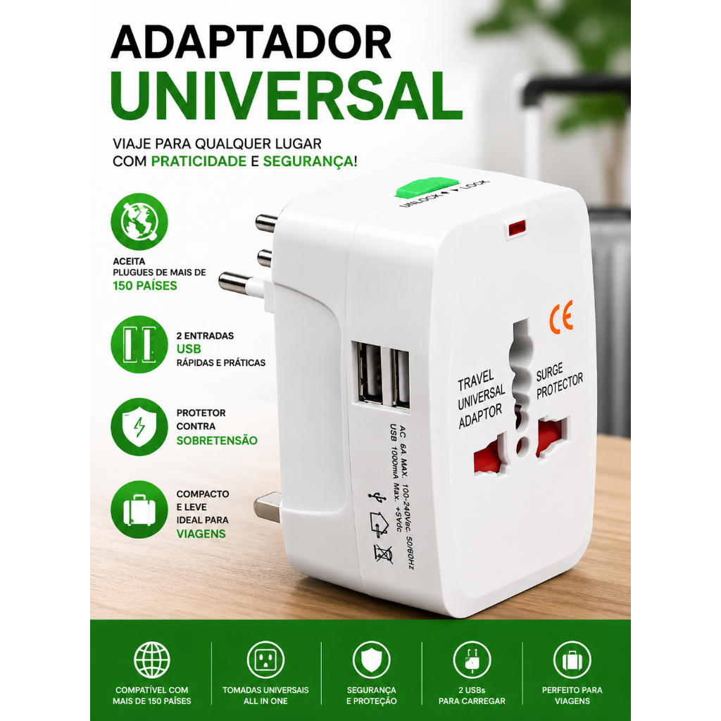 Adaptador de Tomada Argentino Universal para Viagem com Suporte para 150 Países