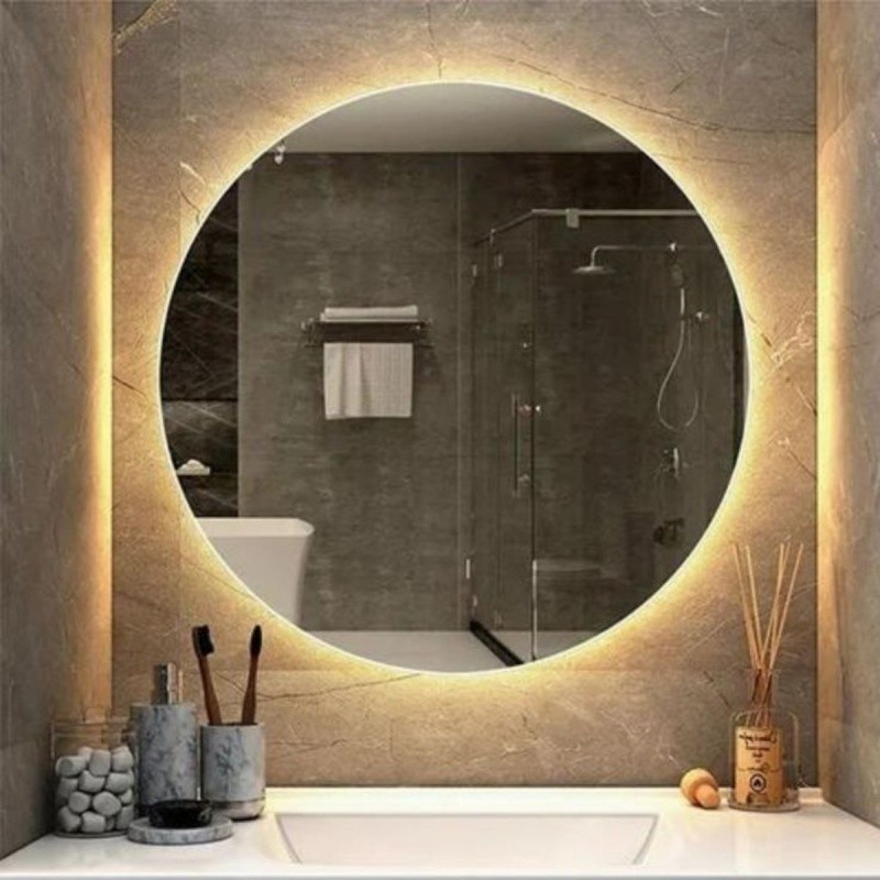 Espelho Redondo 60cm Com Led Quente Luz Amarela Decoração + Fonte Inclusa Bivolt de tomada + suporte
