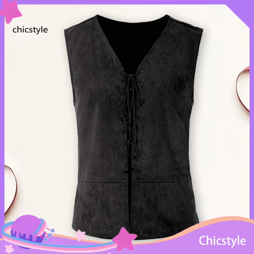 Sleeveless Vest Versatile Tank Top Men's Pirate Vintage Medieval Lace-up for Cosplay Halloween Party Role Play – Solid