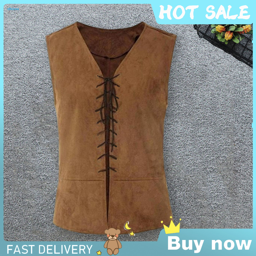 Medieval Style Vest Men Halloween Tank Top Men's Pirate Vintage Lace-up Sleeveless for Cosplay Party Role Play – Solid