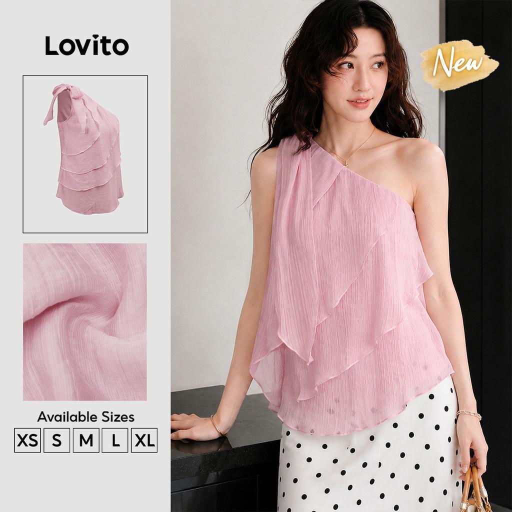 (New Arrival) Lovito Women 'S Light Pink Casual Sleeveless One Shoulder Tiered Lace up Top TKT206TD139