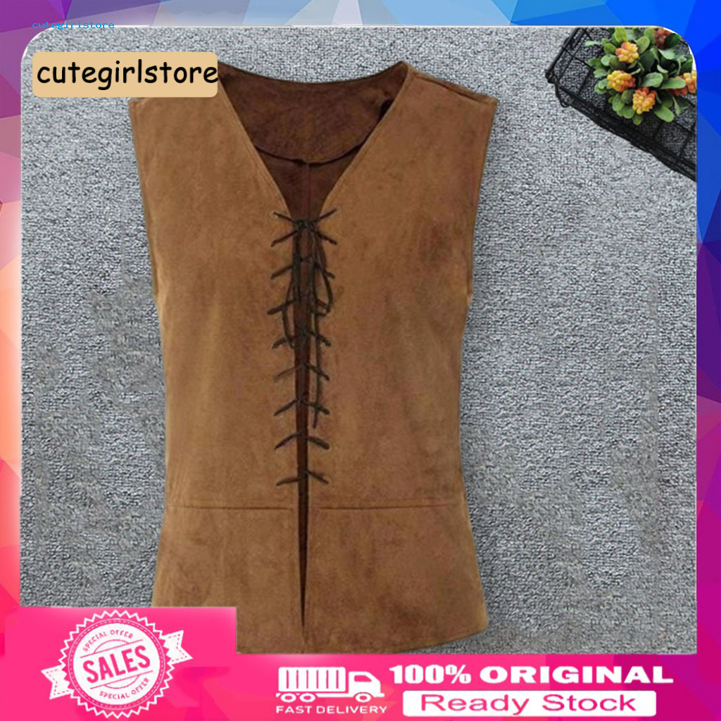 Halloween Party Vest Medieval Style Men's Pirate Vintage Lace-up Sleeveless Tank Top for Cosplay Role Play – Solid Col