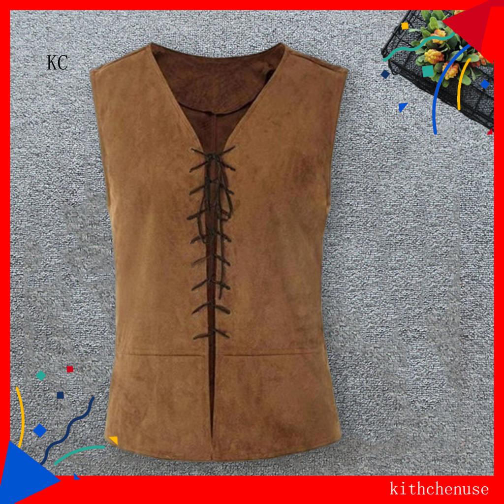 Strap Design Tank Top Versatile Men's Pirate Vest Vintage Medieval Lace-up Sleeveless for Cosplay Halloween Party Role P