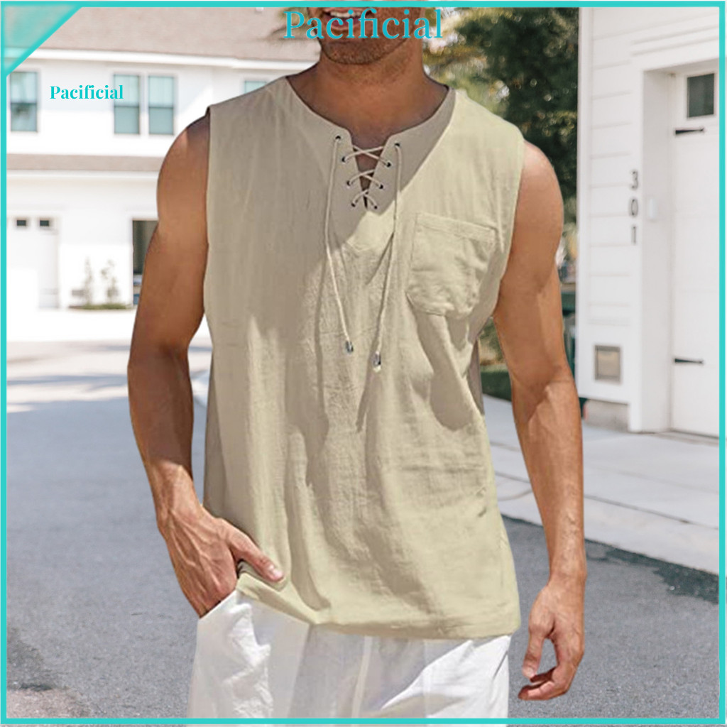 Skin-friendly T-shirt for Men Versatile Top Men's Sleeveless V-neck Lace-up Casual Tank with Chest Pocket – Loose Fit