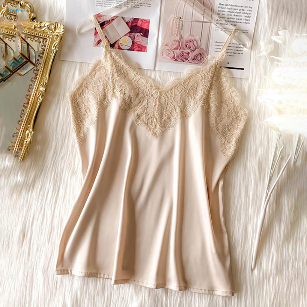 Lady Camisole Lace Women Top Women’s Patchwork Sleeveless Spaghetti Strap V Neck Backless Soft Silky Casual Vest Light