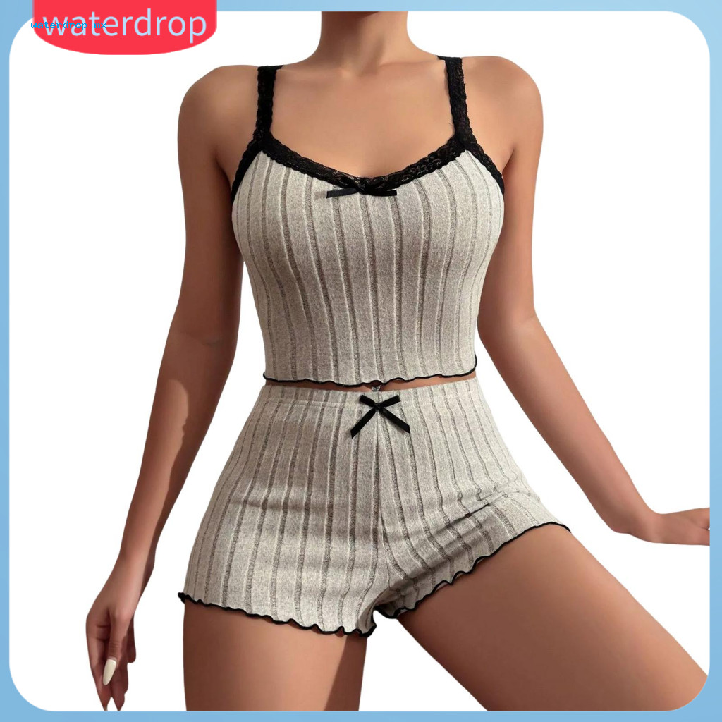 2 Pcs Women Summer Pajamas Set Sleeveless Backless Crop Top with Lace Bow  High Waist Mini Shorts Slim Fit Nightwear Com
