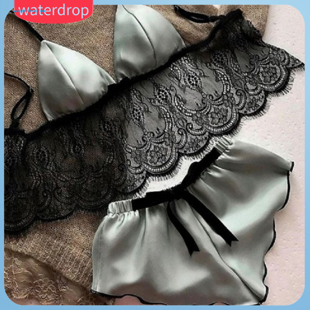2 Pcs Women Pajamas Set Summer Sleepwear Satin Lace Hollow Out Bow Spaghetti Strap Sleeveless Top  Elastic Waist Shorts