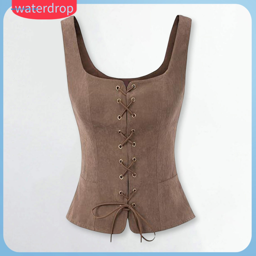 Lady Vest Lace-up Strap Renaissance Vintage Square Neck Sleeveless Slim Fit Solid Color Medieval Cosplay Top for Hallowe