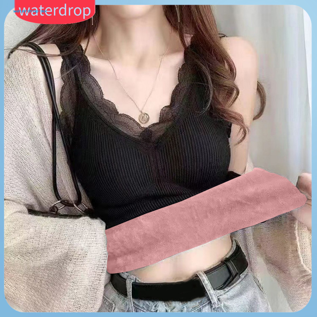 Women’s Thermal Vest Sleeveless V Neck Plush Lined Slim Fit Tank Top with Lace Trim and Chest Pads – Warm Layering B