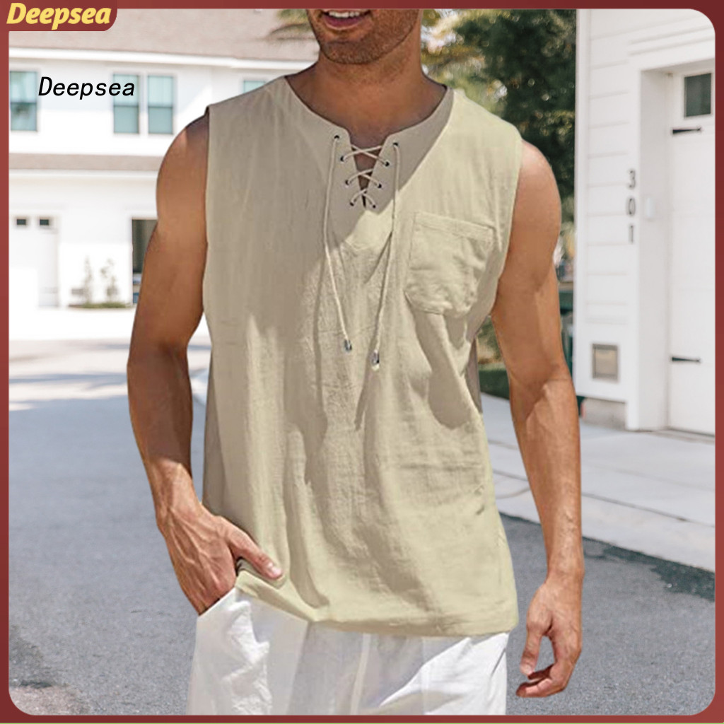 Men's Sleeveless V-neck Lace-up Casual Tank Top with Chest Pocket – Loose Fit Summer Shirt for Gym Travel Daily Wear L