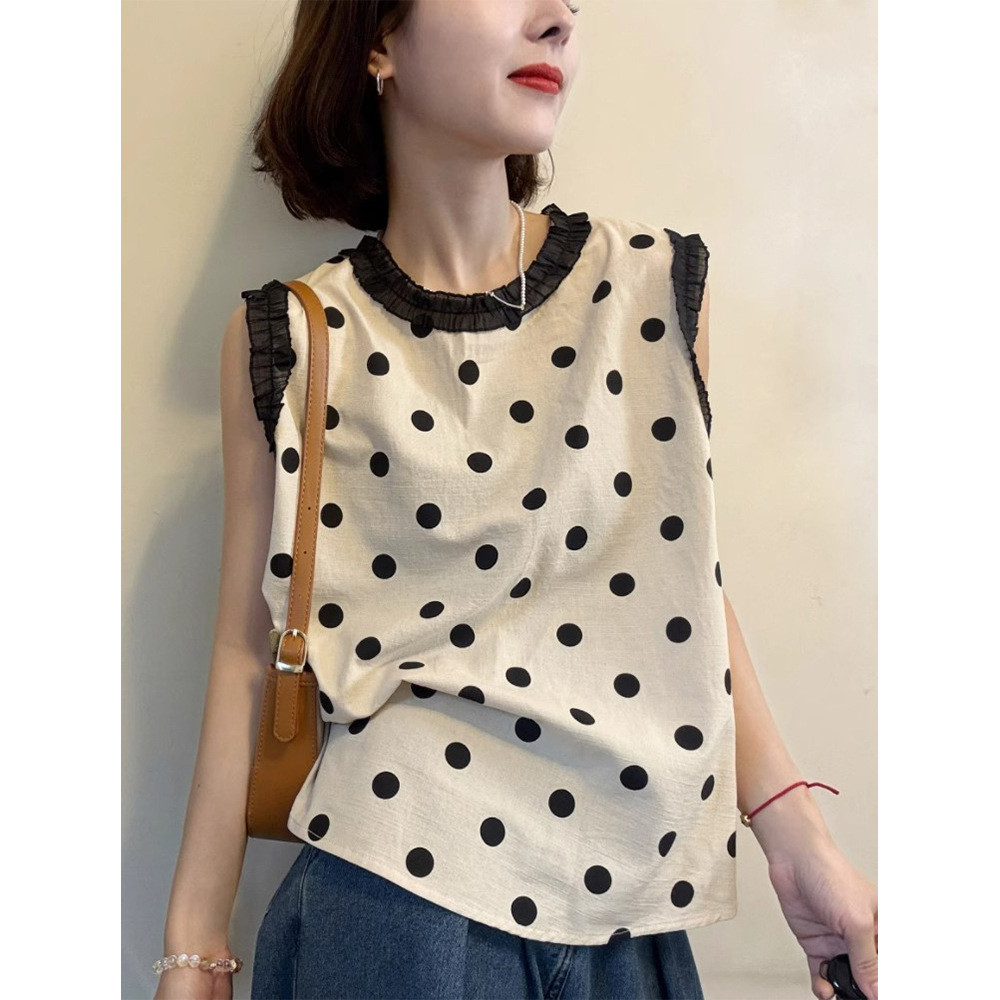 Polka Dot Lace Round Neck Sleeveless Shirt2025New summer women's sweet and youthful versatile layered top