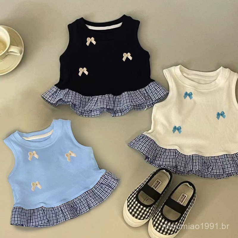 [70-140cm] Girls Sweet Stitching Blue Plaid Lace Sleeveless T-Shirt Baby Girl Sleeveless Vest Top T-Shirt