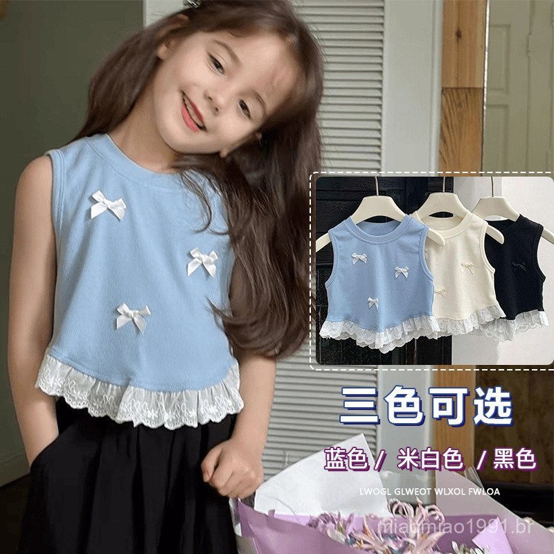 70-140cm Girls Bow Tie Short T-Shirt Tops Summer New Girls Sweet Splicing Lace Sleeveless T-Shirt
