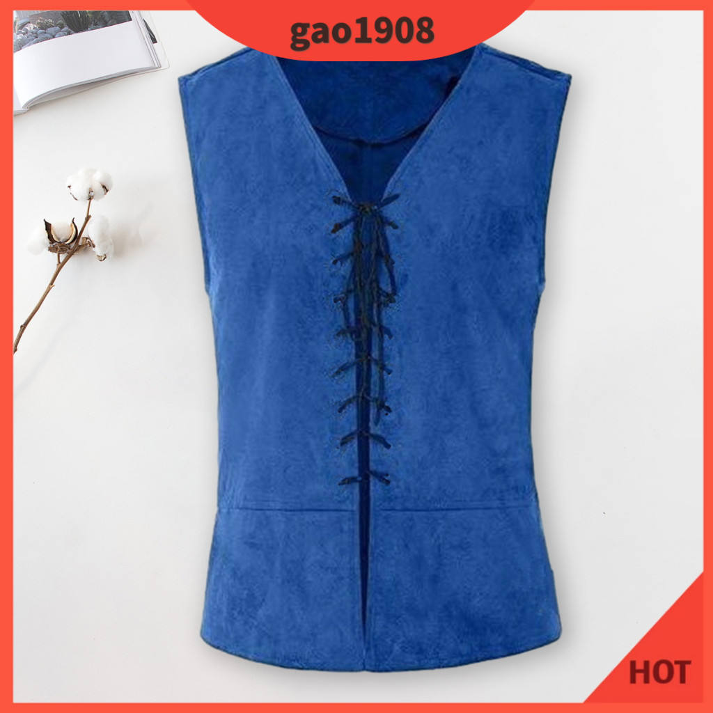Men Halloween Tank Top Medieval Style Vest Men's Pirate Vintage Lace-up Sleeveless for Cosplay Party Role Play – Solid