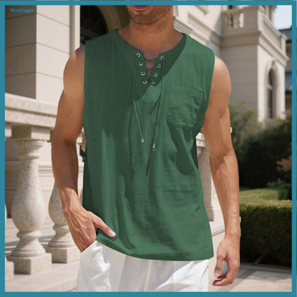 Polyester Fiber Men Top Skin-friendly T-shirt for Men's Sleeveless V-neck Lace-up Casual Tank with Chest Pocket – Loos