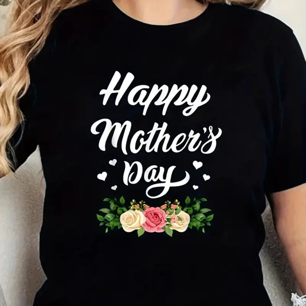 Happy Mother'S Day Floral Print T-Shirt para Mulheres - Gola Redonda Casual, Poliéster, Rosas Rosa e Folhas Verdes