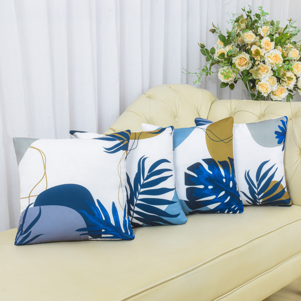 Kit c/ 4 Capas de Almofada Decorativas Modern Print 45x45 - Folhas Azul C/ Dourado