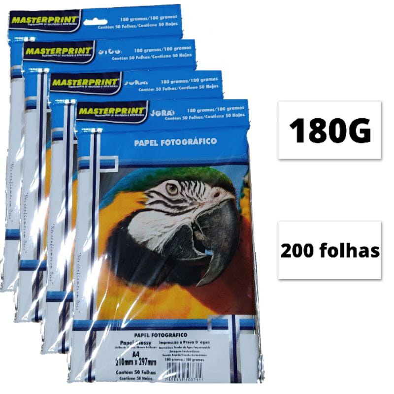 Papel Fotográfico 180G Glossy A4 À Prova D'água Brilhante Premium 200 folhas MASTER PRINT