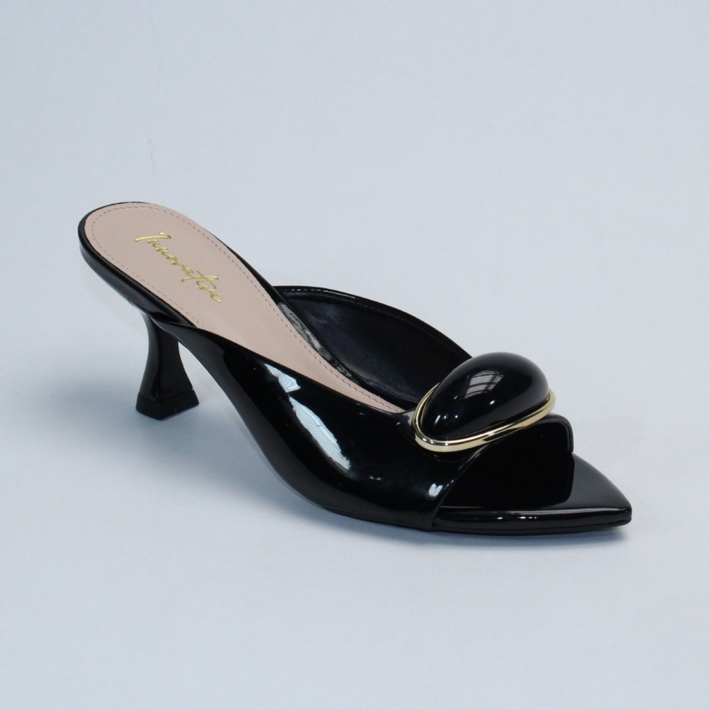 Tamanco Feminino Mule Bico Fino Folha Sandália Salto medio Taça Animal Print e Off White Vz Com Pedra Porcelana