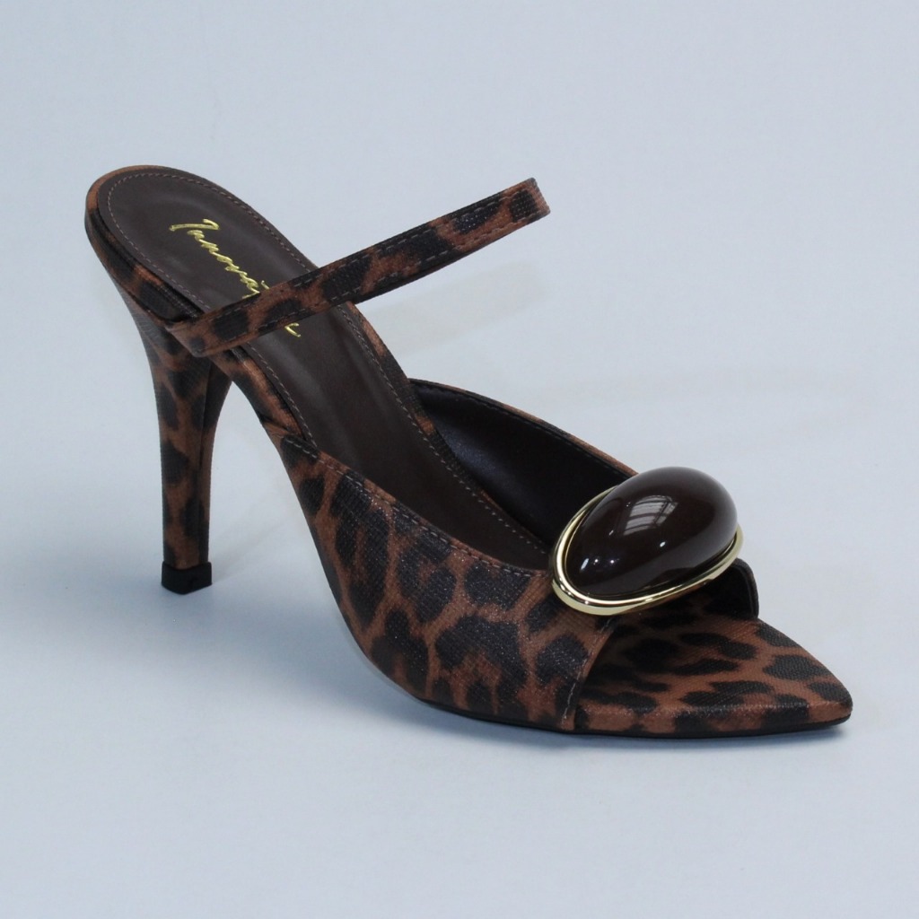 Tamanco Feminino Salto Alto Fino Animal Print Onça Bico Folha Aberto Pedraria ABS Moda Casual Chique