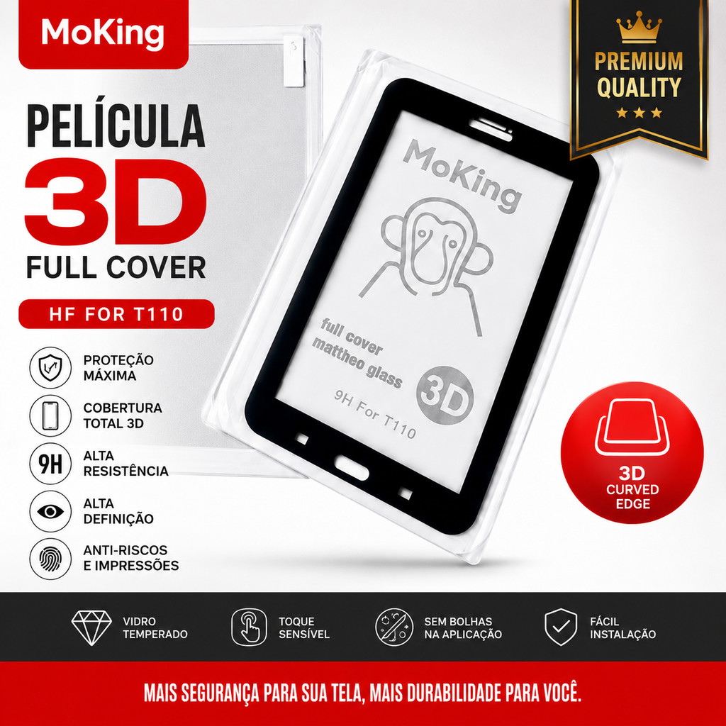 Película Vidro Temperado para Tablet T110 3D Full Cover 9H Anti Risco Proteção Total Premium