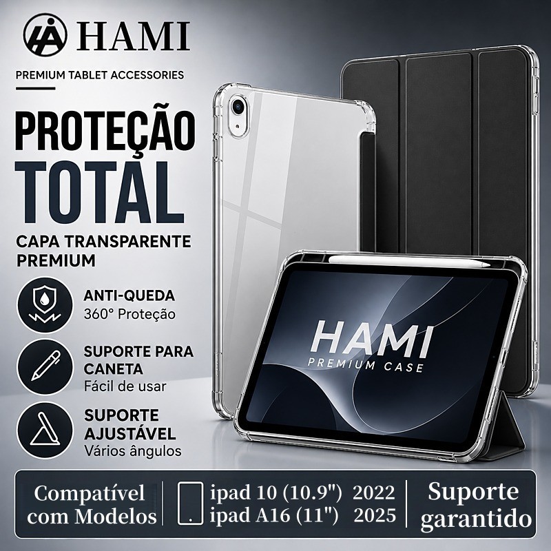 HAMI Capa para iPad 10/11 A16 Transparente Acrílica com Porta Caneta,Anti Impacto Auto Wake/Sleep