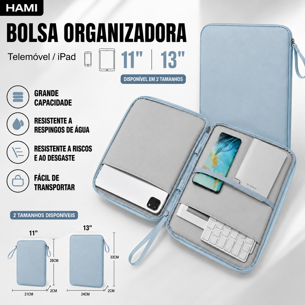 Capa Bolsa para Tablet iPad 11” 13” Organizadora Protetora Resistente à Água Anti Riscos com Zíper