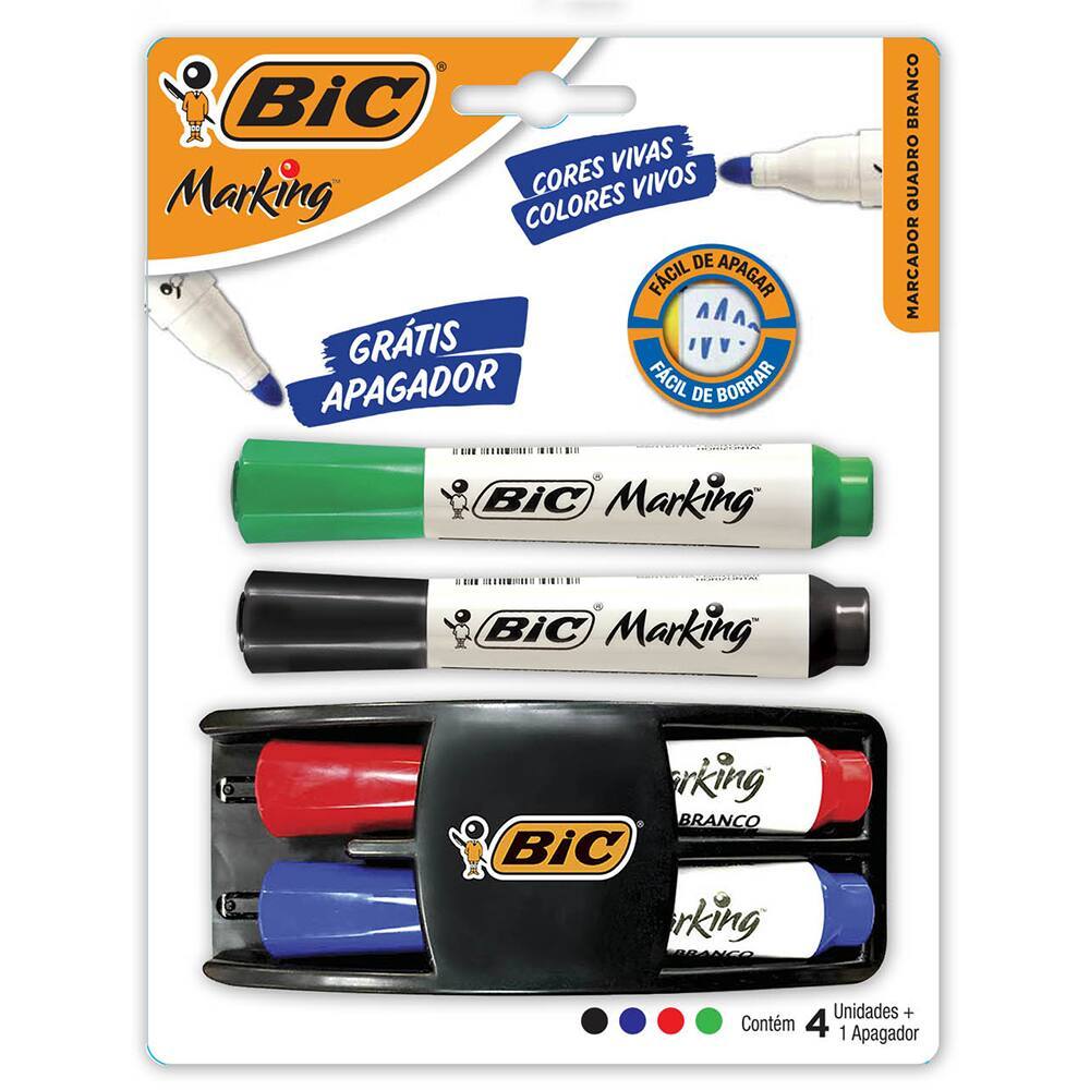 Kit Marcador para Quadro Branco BIC com Apagador e 4 Cores Ponta Redonda