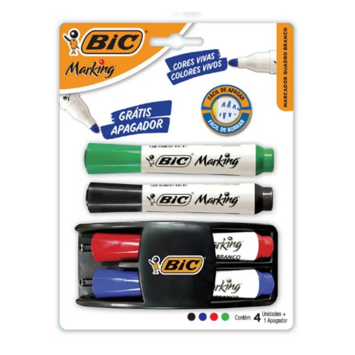 Kit 4 Marcadores de Quadro Branco BIC Marking Cores Clássicas + 1 Apagador, Ponta Resistente, Apaga Fácil, 1 UN