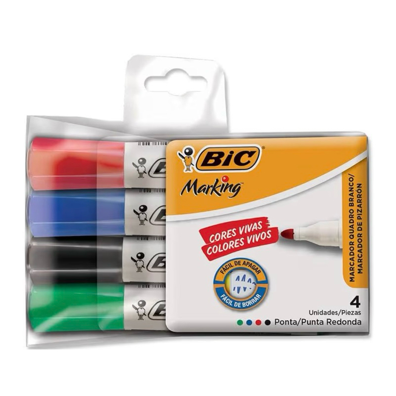 Pincel Marcador de Quadro Branco BIC Marking, Recarregável, 4 Cores Clássicas, Ponta Redonda, 891683