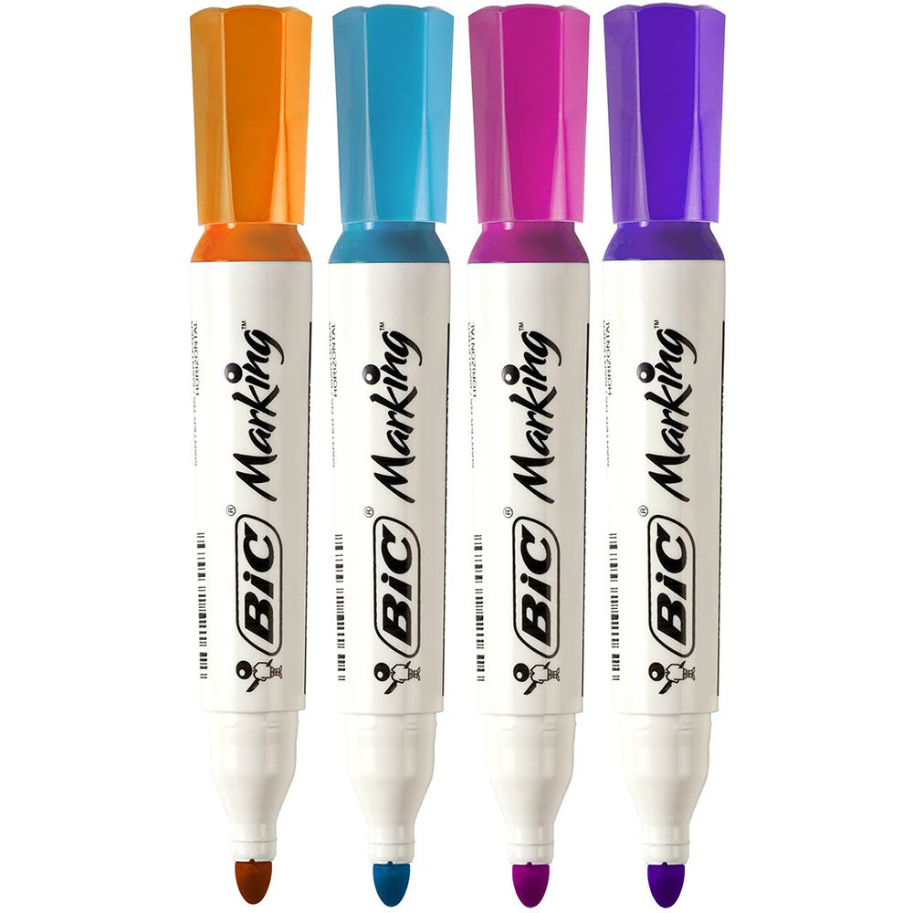 Kit Caneta Pincel Marcador para Quadro Branco Bic Marking 4 Cores Fashion