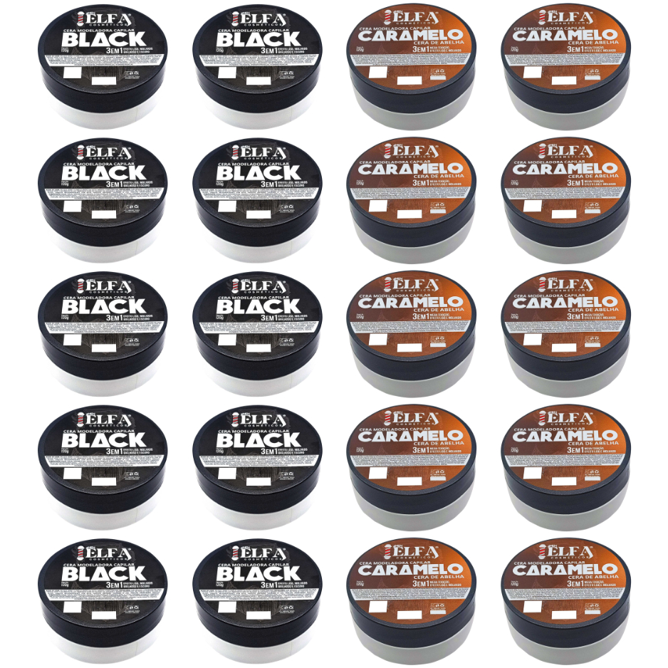 20 Ceras Elfa 120g – 10 Black + 10 Caramelo | Fixação com Estilo, Cobertura e Modelagem